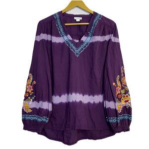 Sundance Tripoli Floral Embroidered Long Sleeve Tunic Blouse Size M Purple Boho